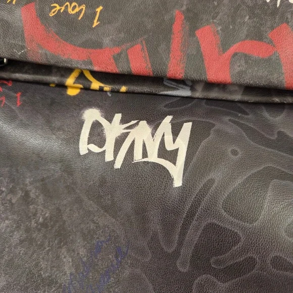 DKNY Graffiti Print Backpack Black Faux Leather NYC Streetwear Foldover Bag - Picture 3 of 10